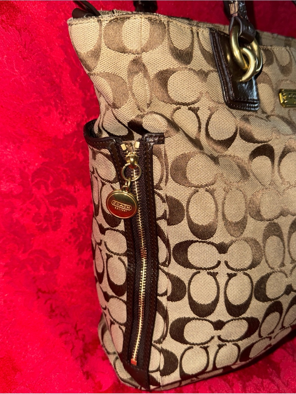 Coach Brown Signature Canvas Tote with Dark Brown Leather Trim - Picture 6 of 12